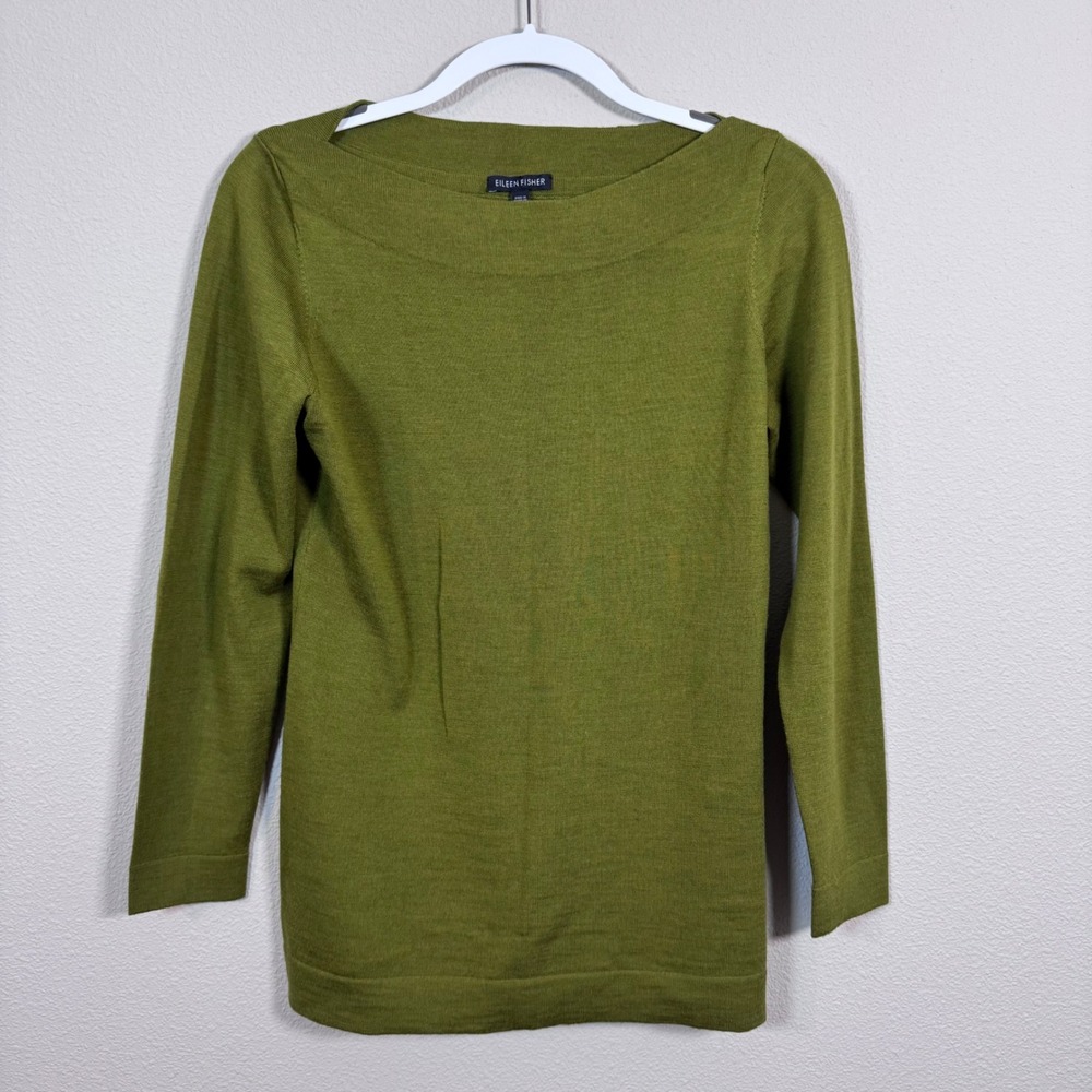 Eileen Fisher Moss Green Italian Yarn Boat Neck Long Sleeve Sweater Women's XS